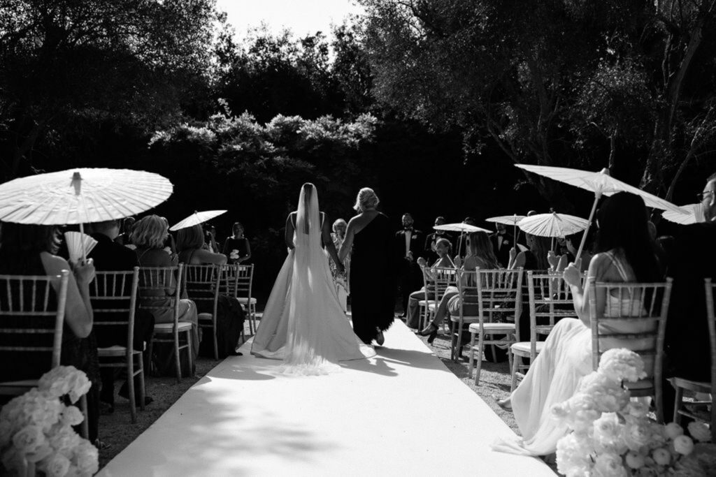 Bastide du Roy J.Jellet bride mother walking aisle black white photo