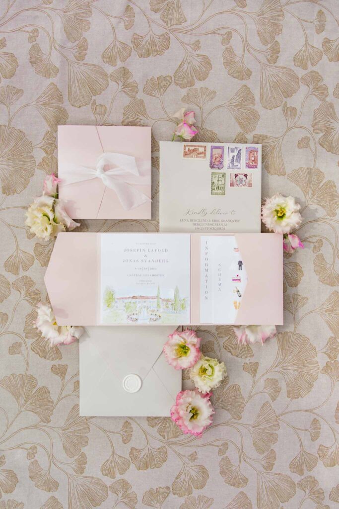 lesCrostes Ingrid flatlay invitation blush pink accents flower background