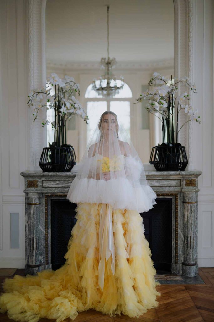 Prunay Theatre of Real Life n.reznik bride short veil yellow tulle dress vintage chimney background