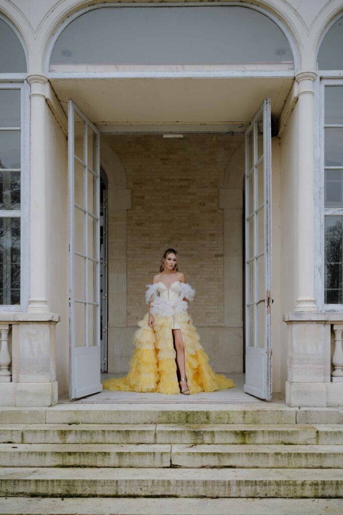 Prunay Theatre of Real Life n.reznik bride yellow layering ball gown slit off shoulder dress