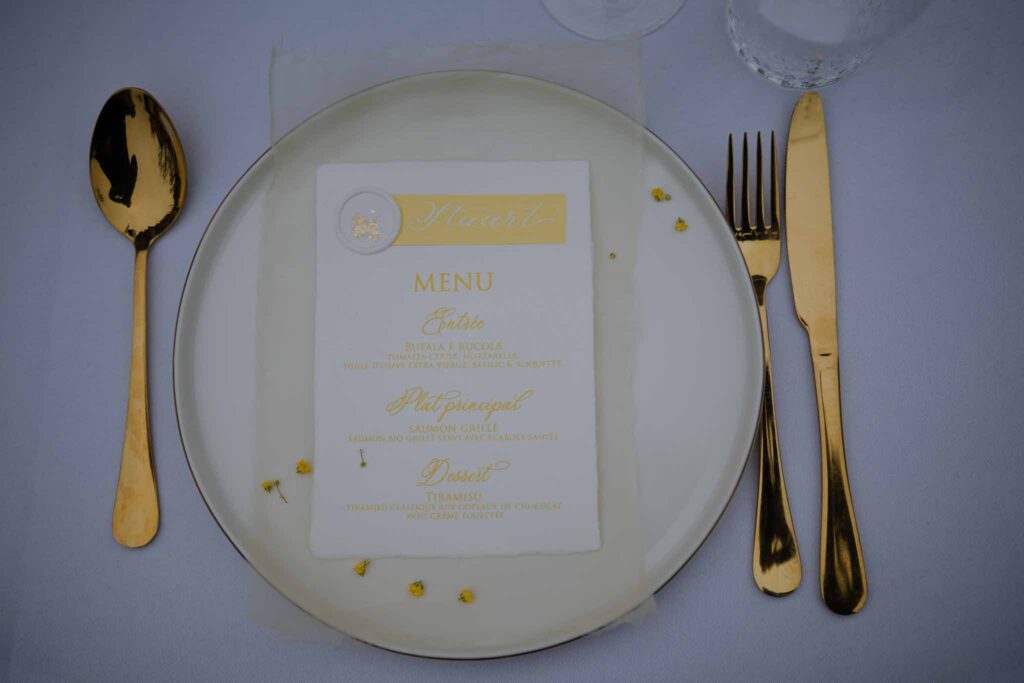 Prunay Theatre of Real Life n.reznik flatlay menu card reception table white plate gold spoon fork knife